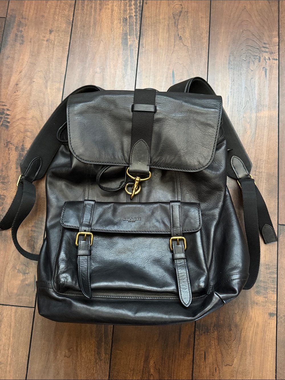 Coach Black Leather Backpack with Brass Hardware